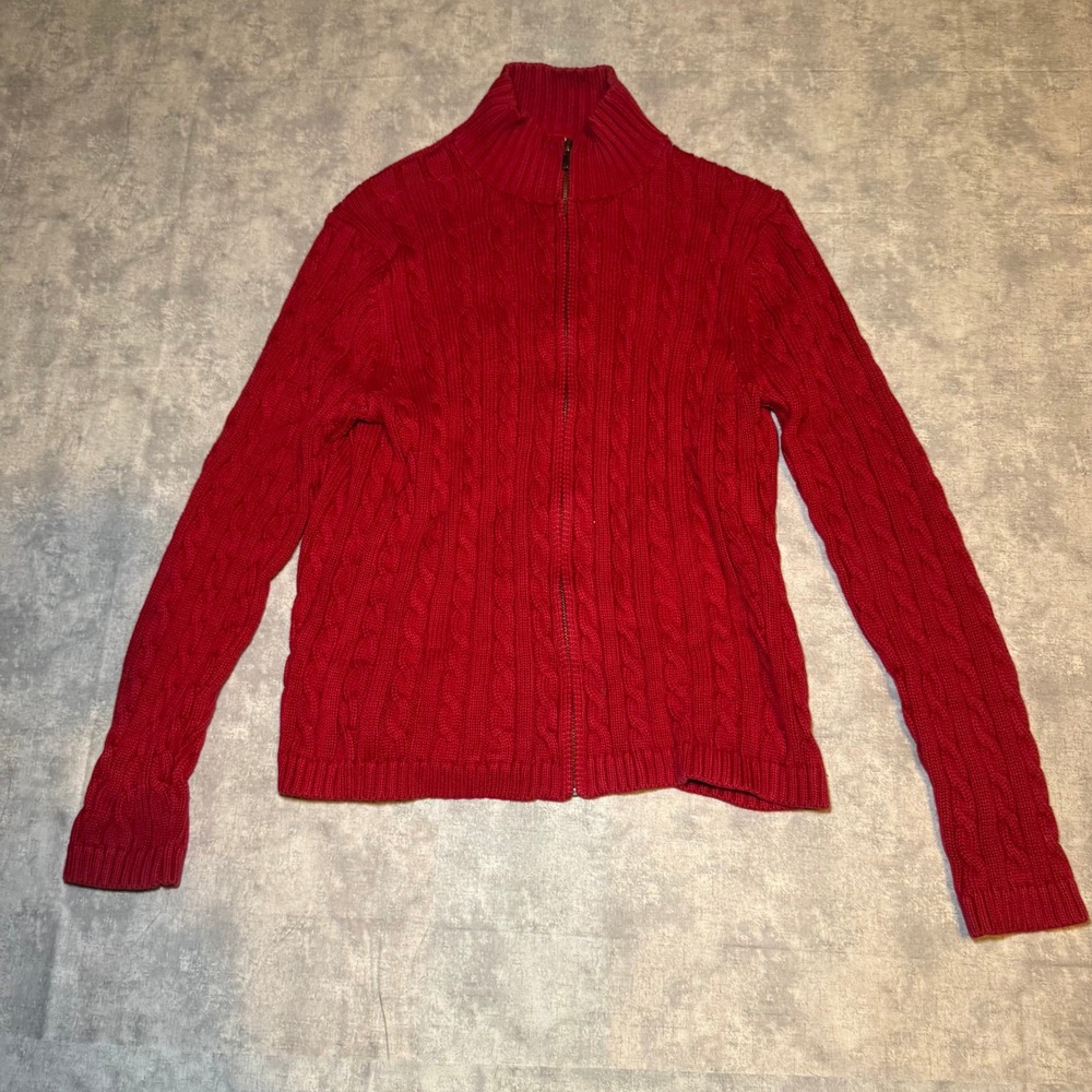 LL Bean Womens Red Cable Knit Full Zip Cotton Sweater Mock Neck Small S-REG FBH1